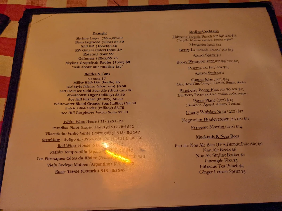 Menu, Skyline Restaurant