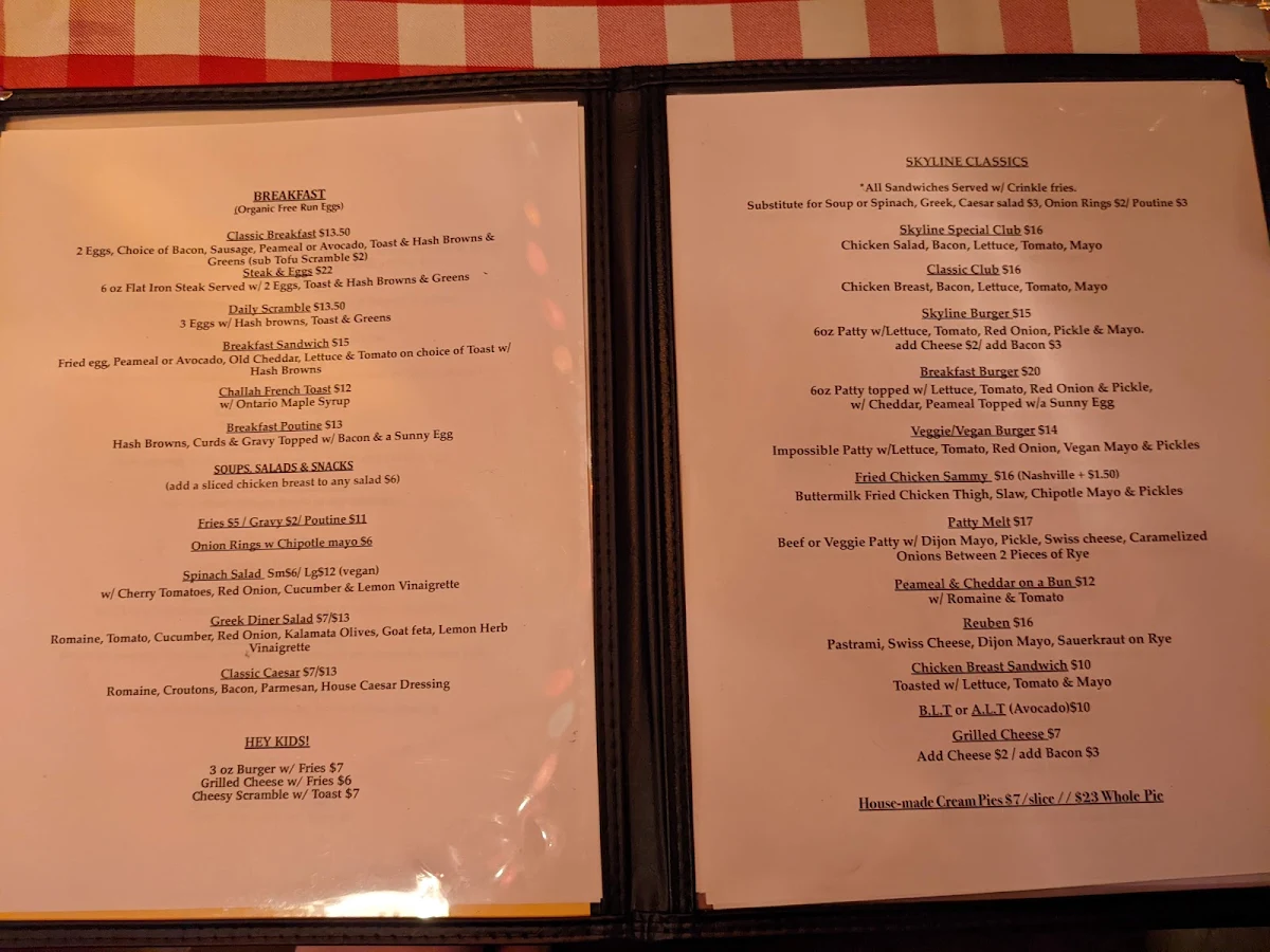 Menu, Skyline Restaurant