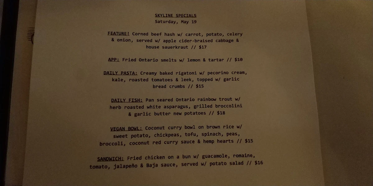 Menu, Skyline Restaurant