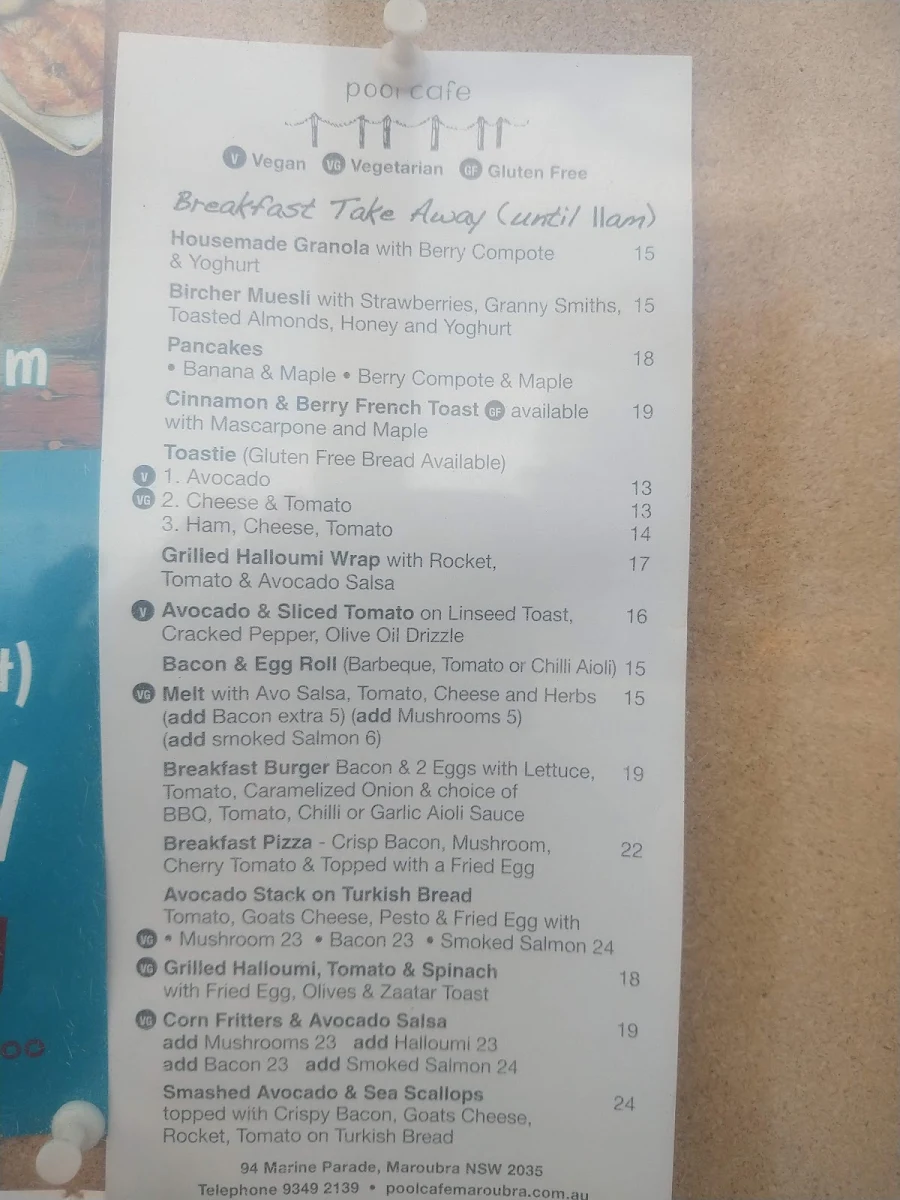 Menu, Pool Coffee Eatery