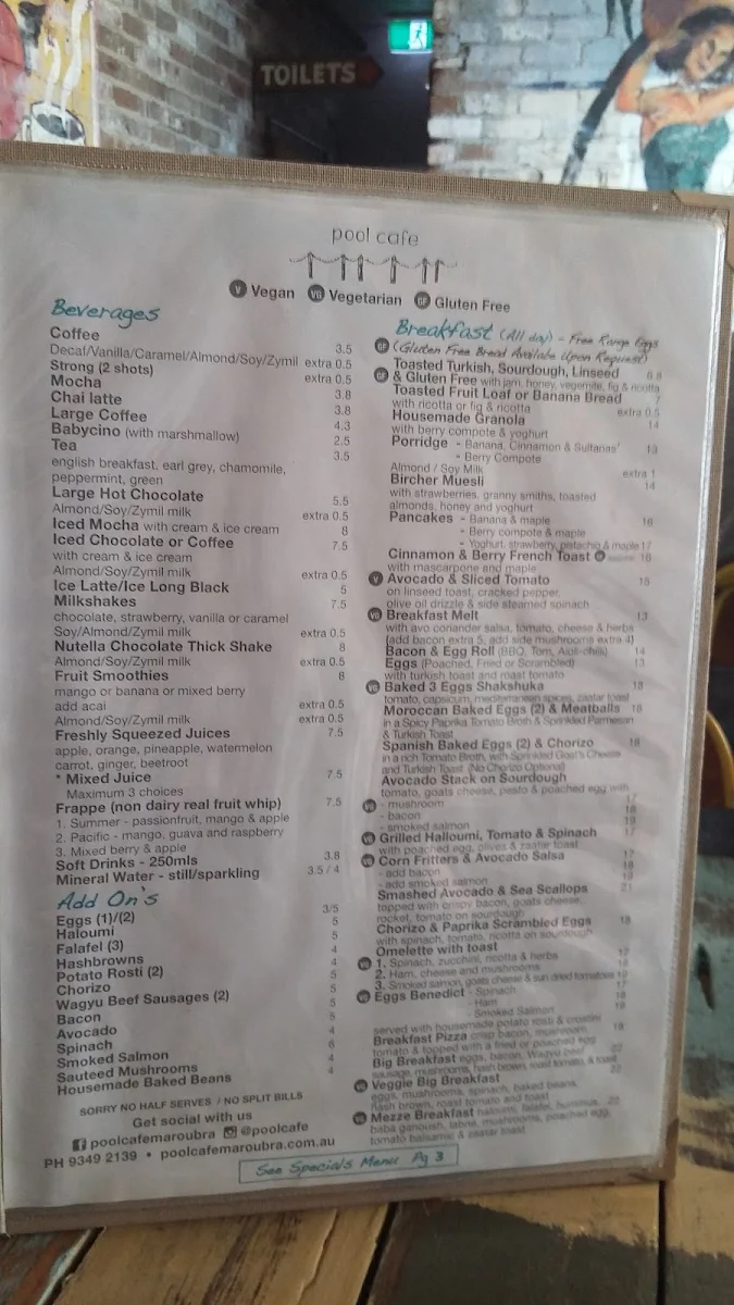 Menu, Pool Coffee Eatery
