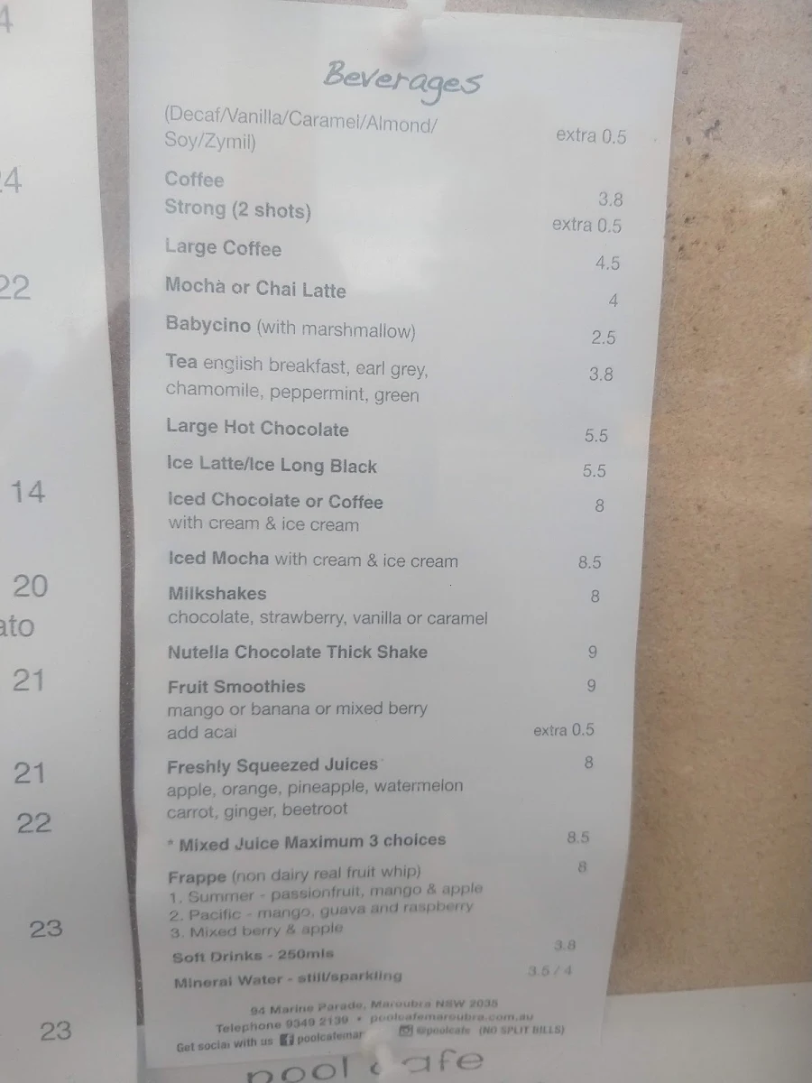 Menu, Pool Coffee Eatery