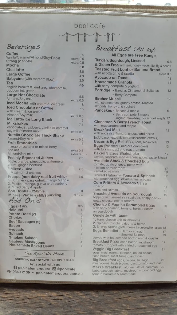 Menu, Pool Coffee Eatery
