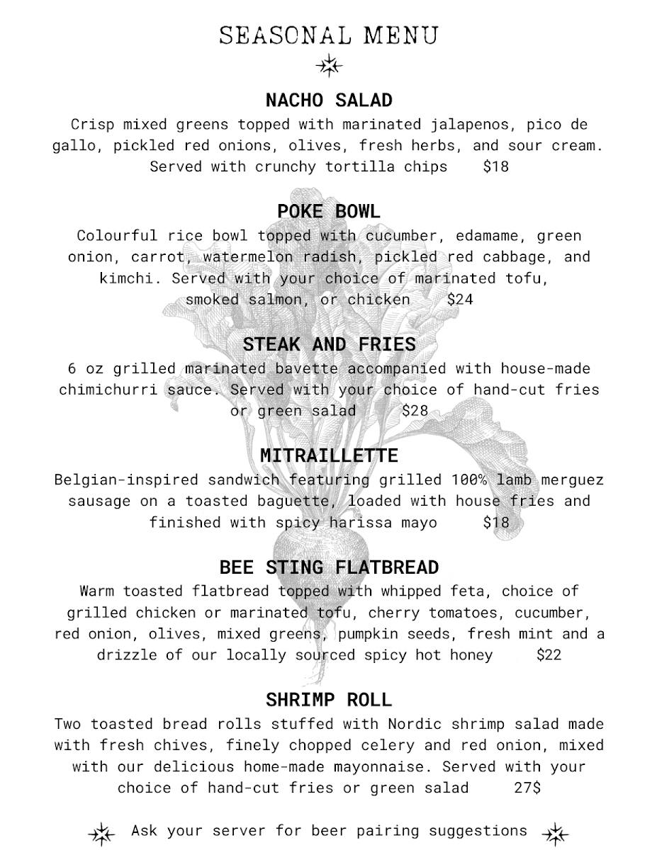 Menu, Sutton Brouërie - Microbrasserie & Auberge