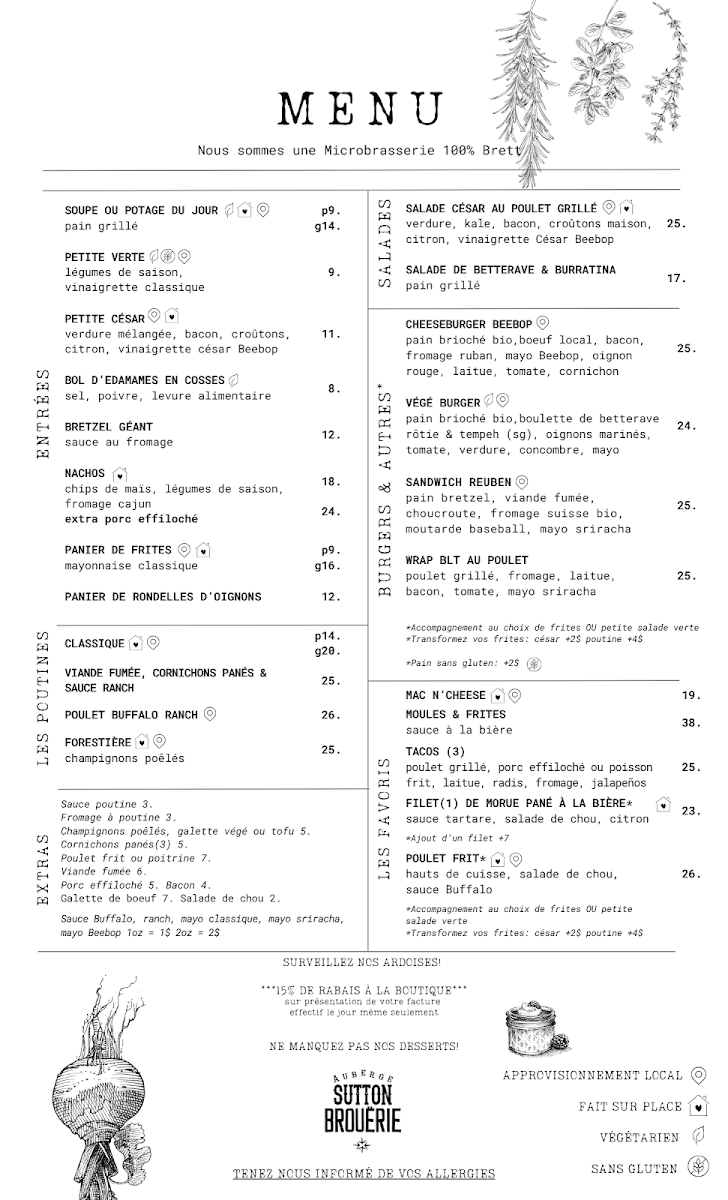 Menu, Sutton Brouërie - Microbrasserie & Auberge