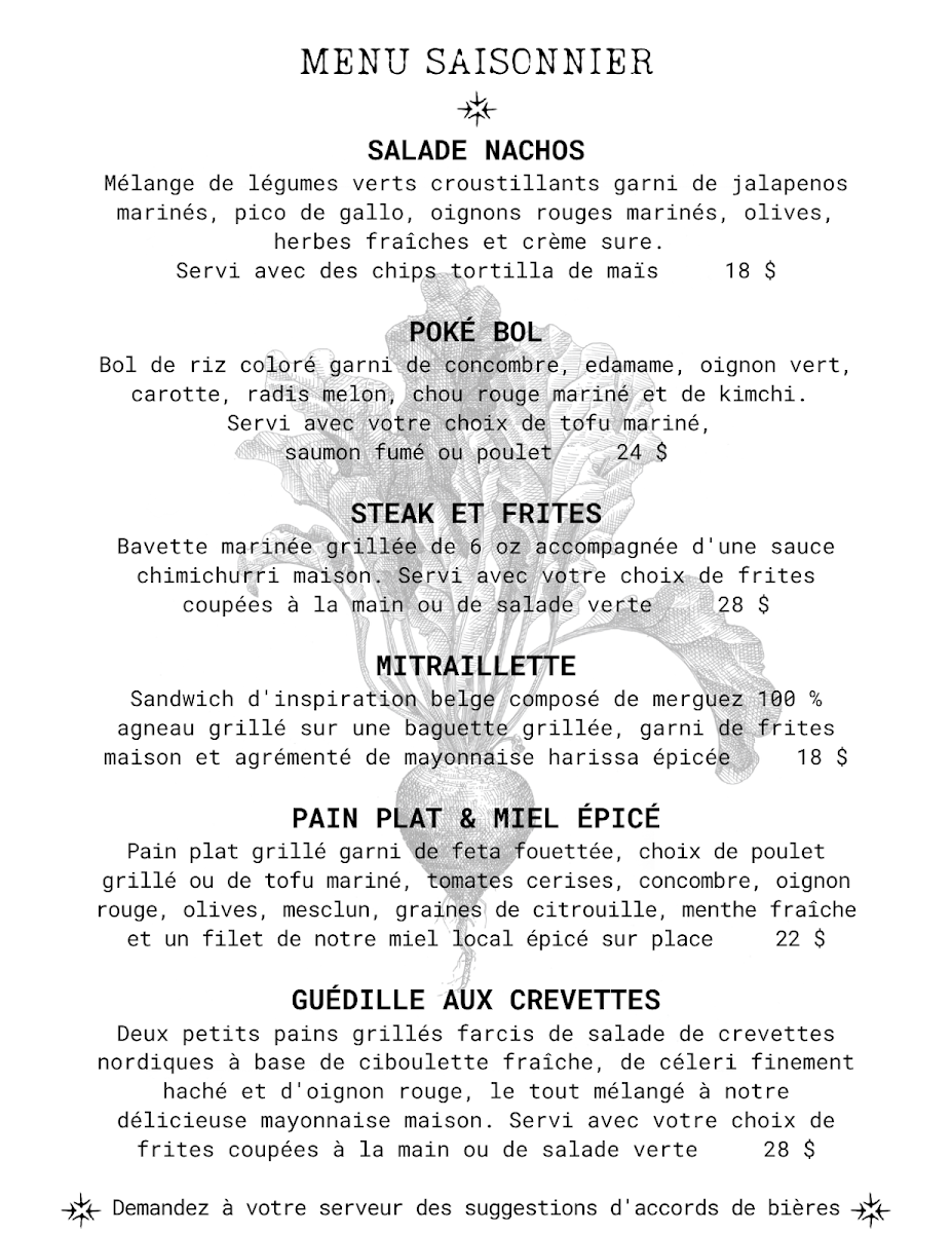 Menu, Sutton Brouërie - Microbrasserie & Auberge