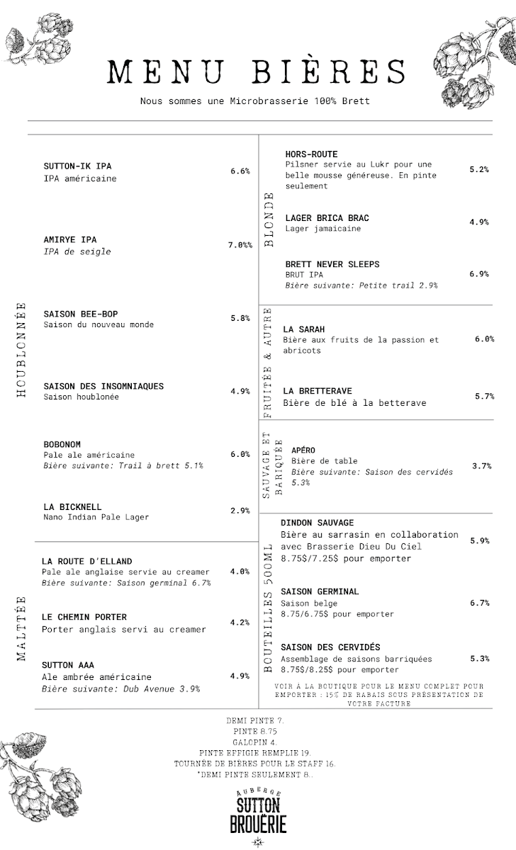 Menu, Sutton Brouërie - Microbrasserie & Auberge