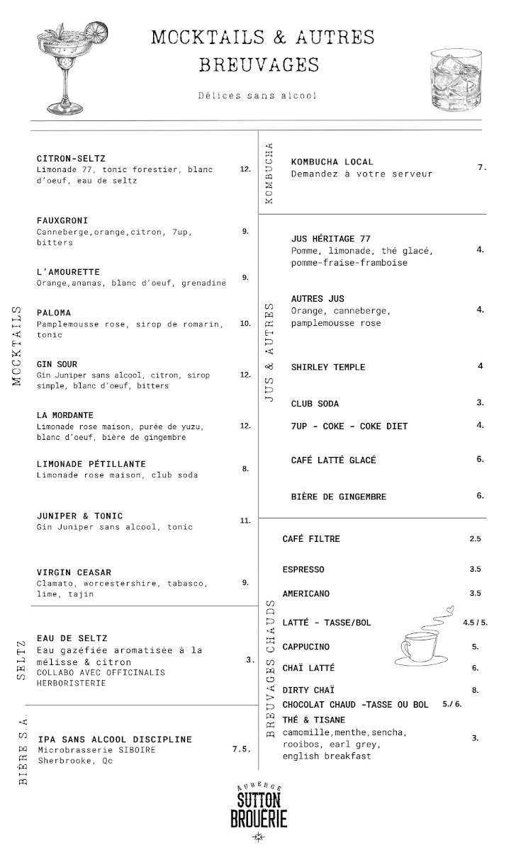 Menu, Sutton Brouërie - Microbrasserie & Auberge