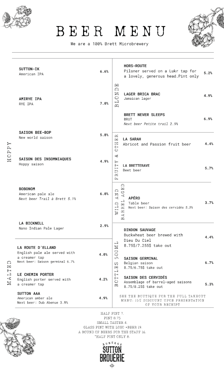 Menu, Sutton Brouërie - Microbrasserie & Auberge