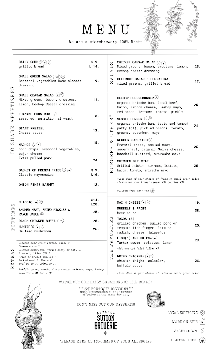 Menu, Sutton Brouërie - Microbrasserie & Auberge