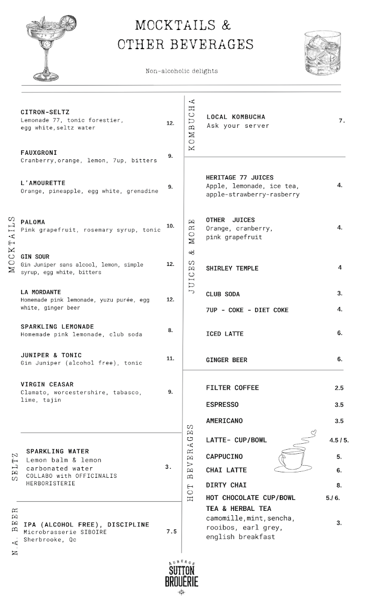 Menu, Sutton Brouërie - Microbrasserie & Auberge