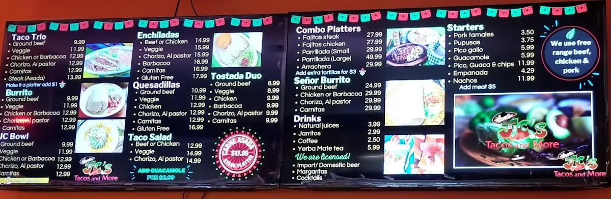 Menu, JC's Tacos and More
