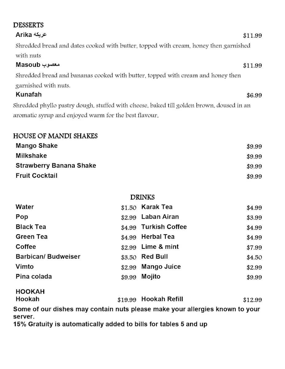 Menu, HOUSE OF MANDI