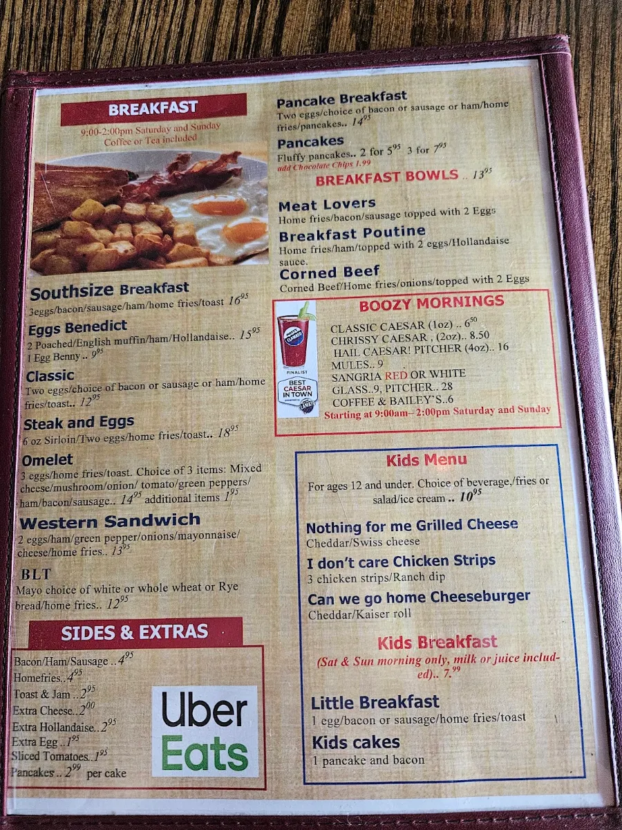 Menu, Southside Tap and Grill