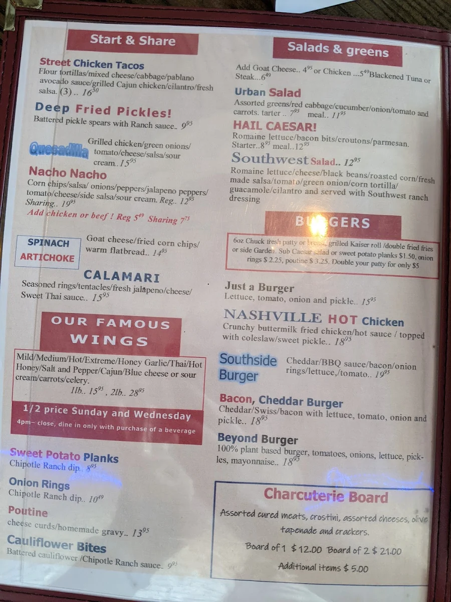 Menu, Southside Tap and Grill