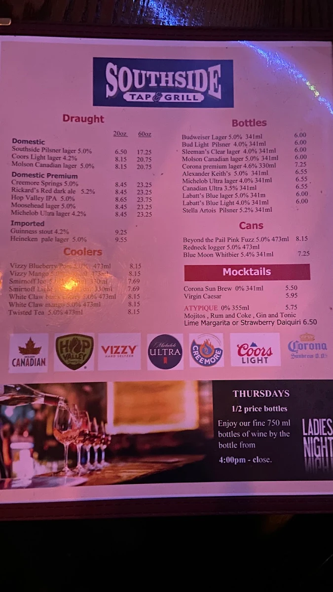 Menu, Southside Tap and Grill