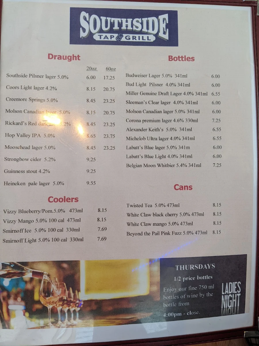 Menu, Southside Tap and Grill