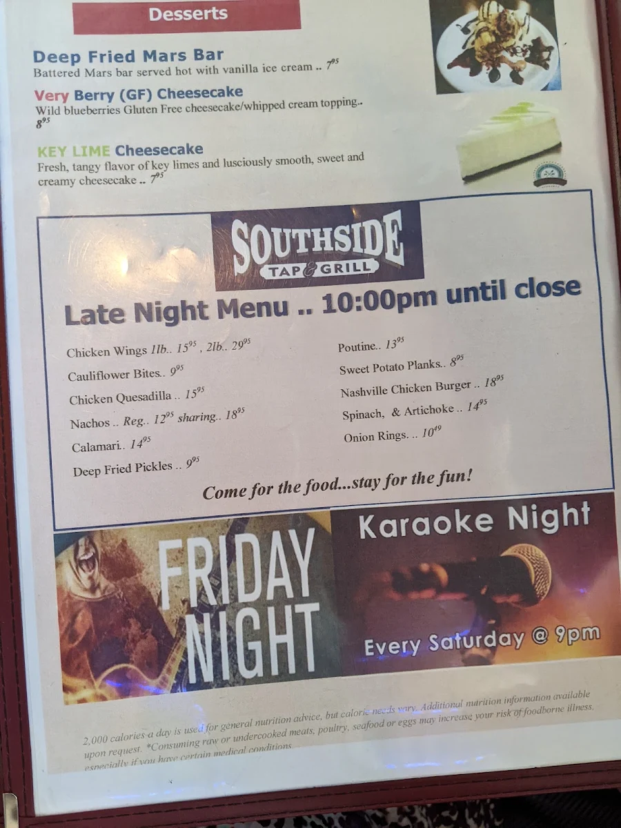 Menu, Southside Tap and Grill
