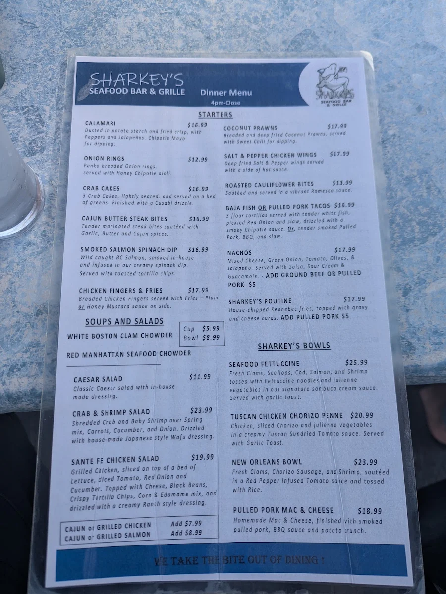 Menu, Sharkey's Seafood Bar & Grille