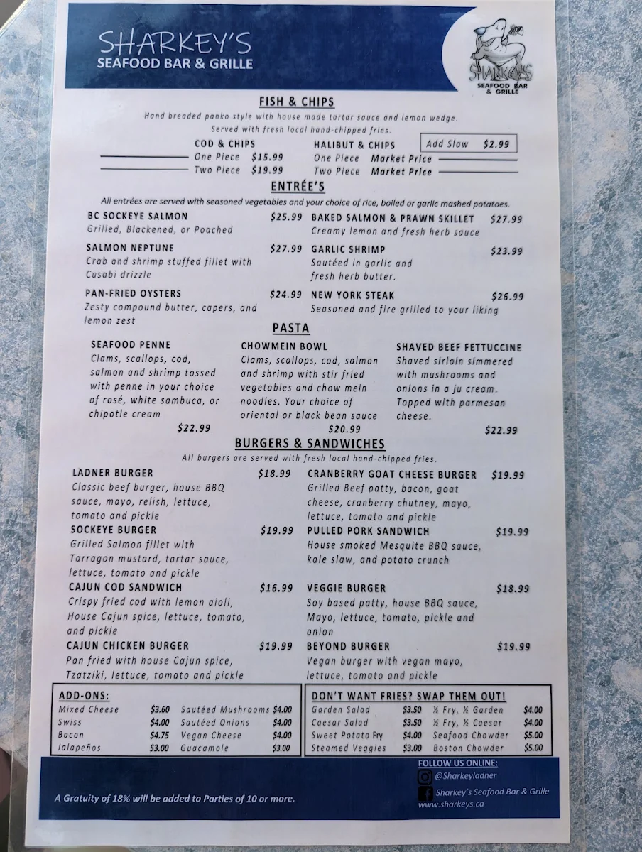 Menu, Sharkey's Seafood Bar & Grille