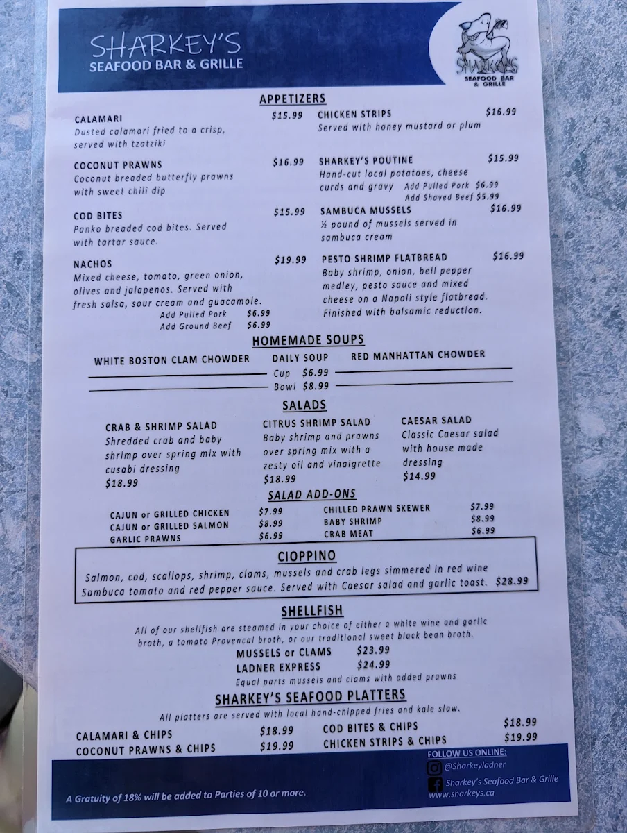 Menu, Sharkey's Seafood Bar & Grille