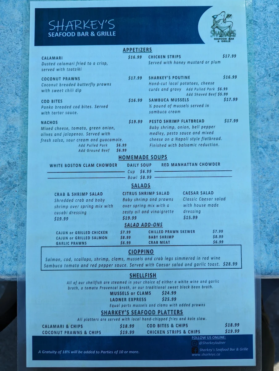 Menu, Sharkey's Seafood Bar & Grille