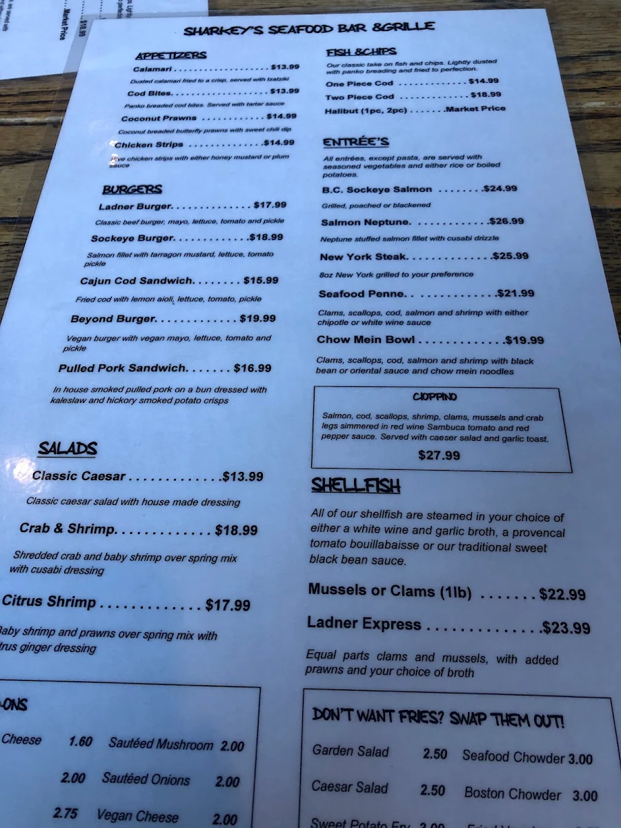 Menu, Sharkey's Seafood Bar & Grille