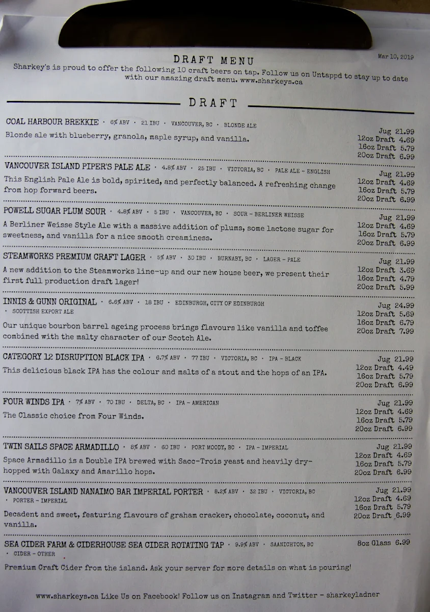 Menu, Sharkey's Seafood Bar & Grille