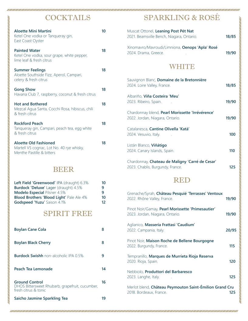 Menu, Aloette Restaurant