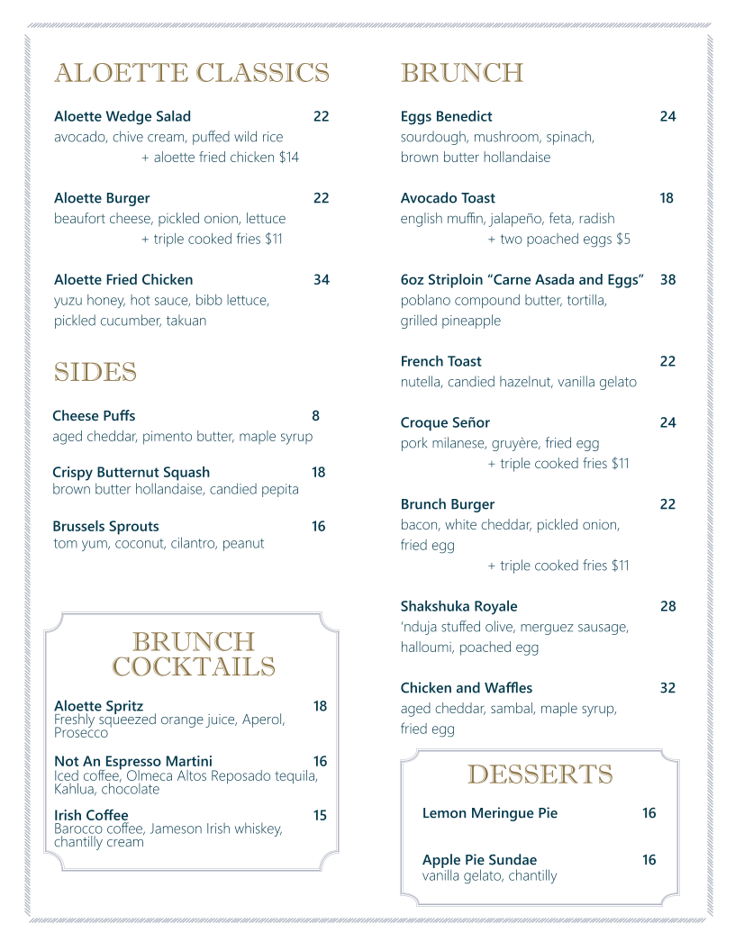 Menu, Aloette Restaurant