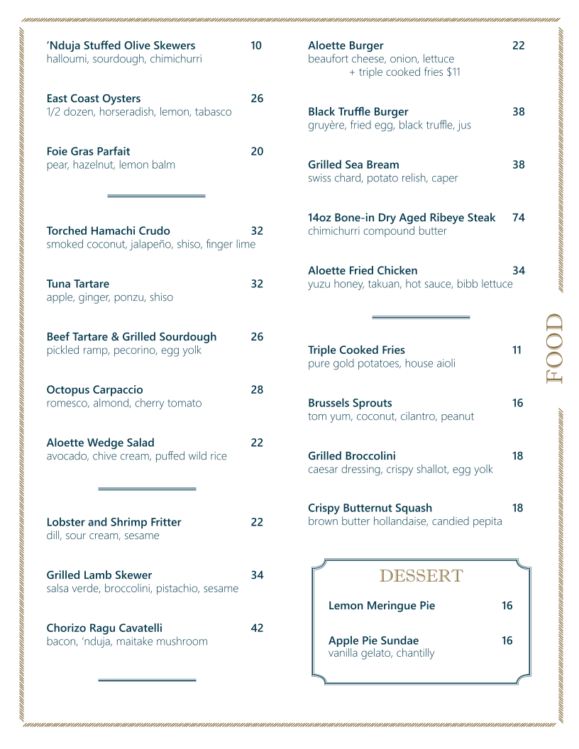 Menu, Aloette Restaurant