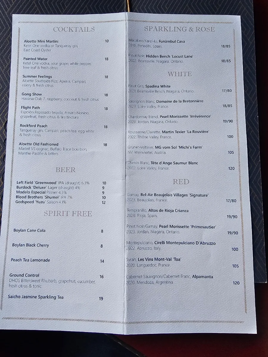 Menu, Aloette Restaurant