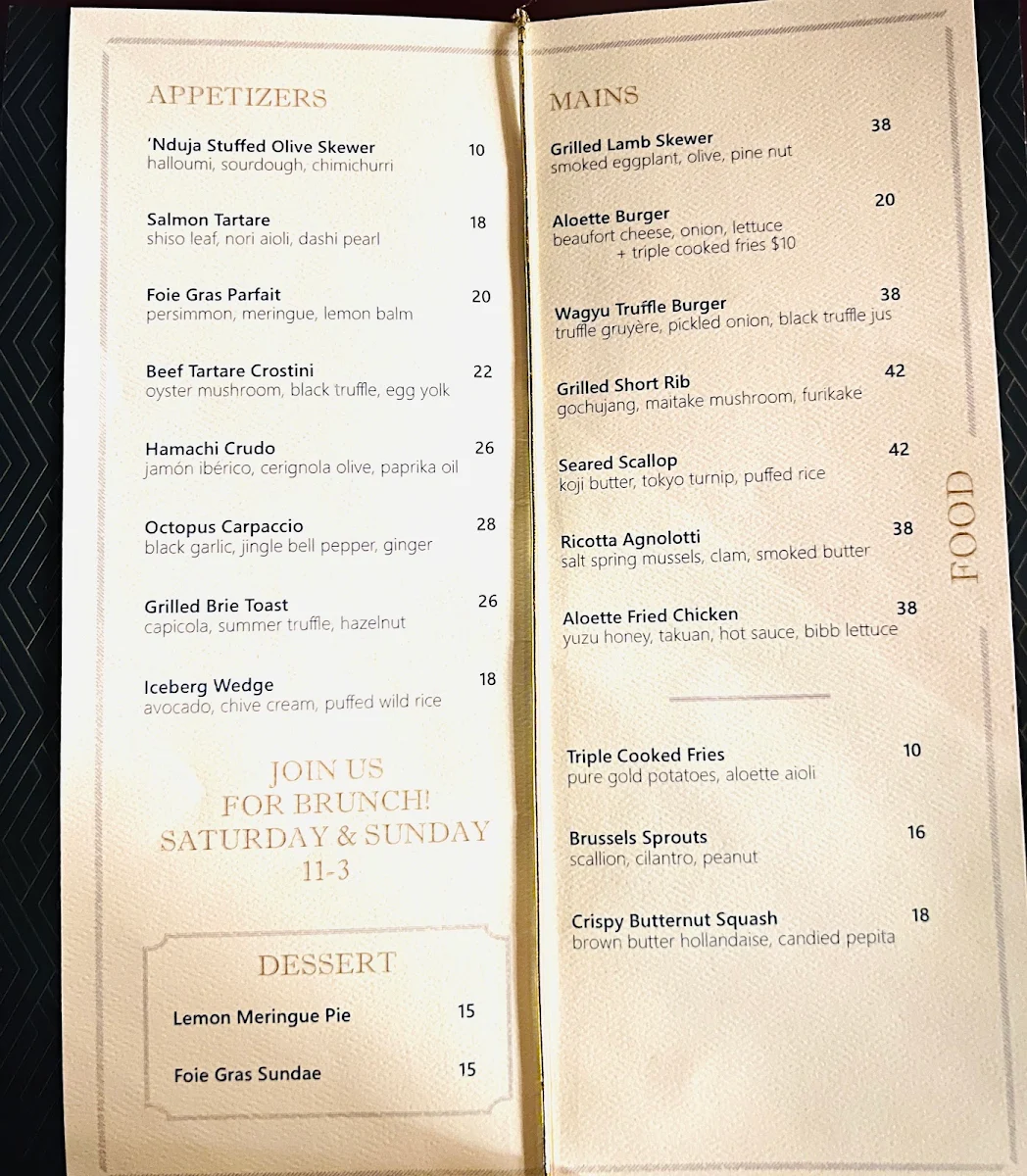 Menu, Aloette Restaurant