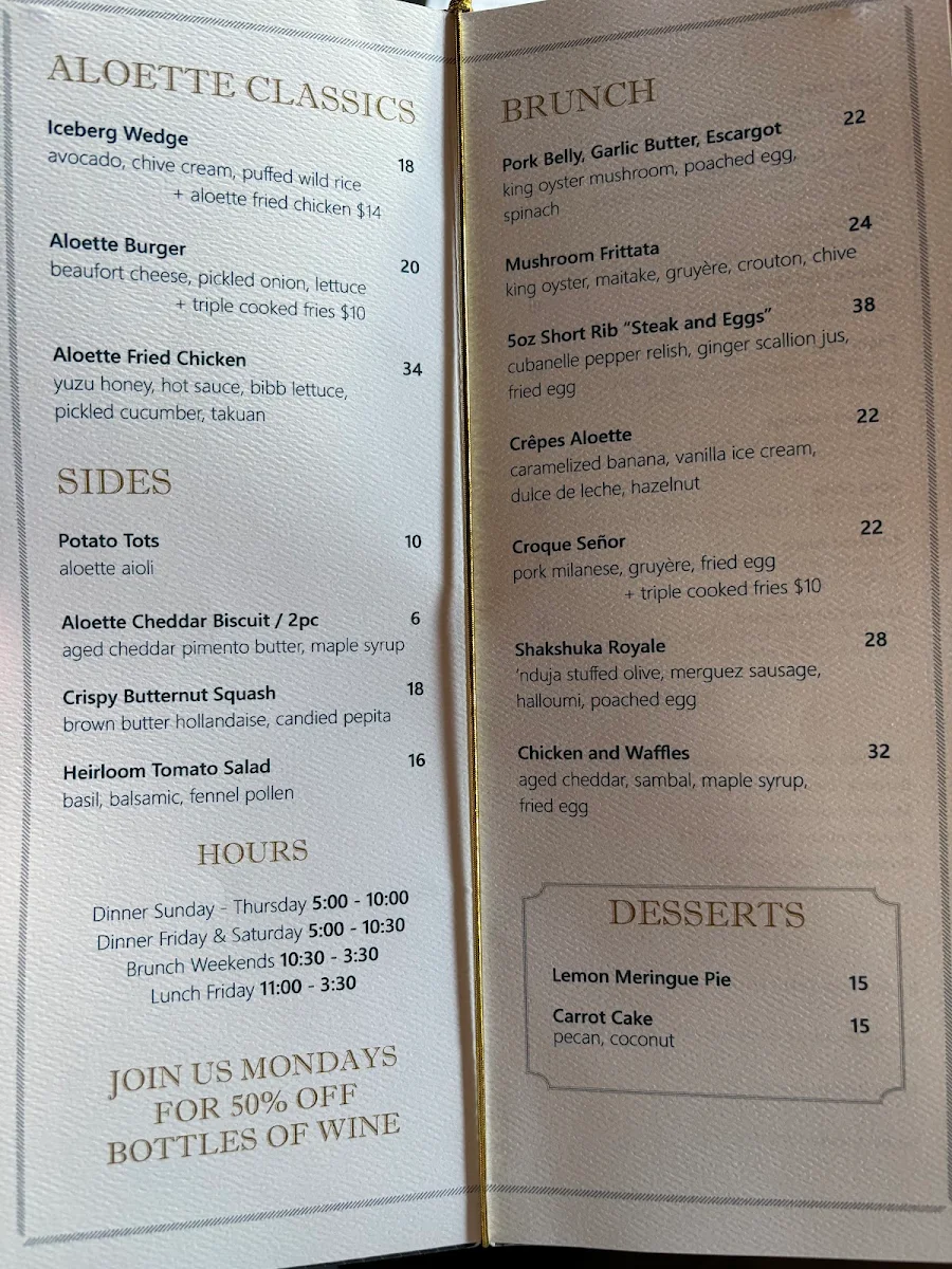 Menu, Aloette Restaurant