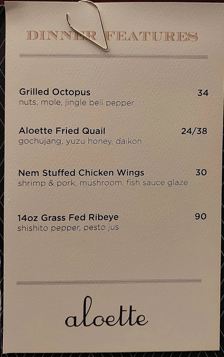 Menu, Aloette Restaurant