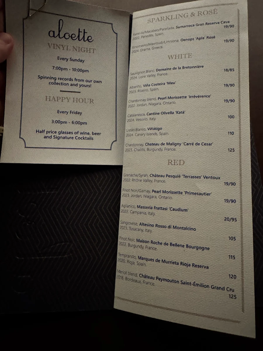 Menu, Aloette Restaurant