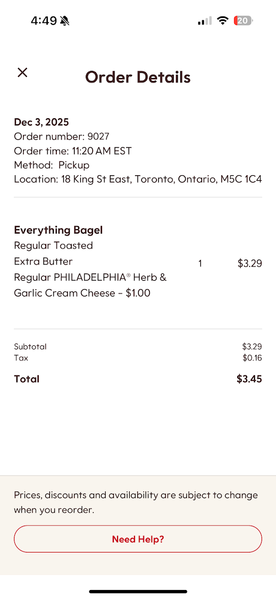 Menu, Tim Hortons
