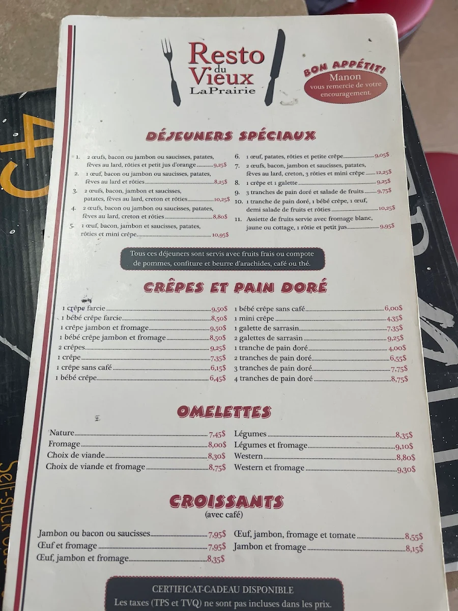 Menu, Resto du Vieux La Prairie