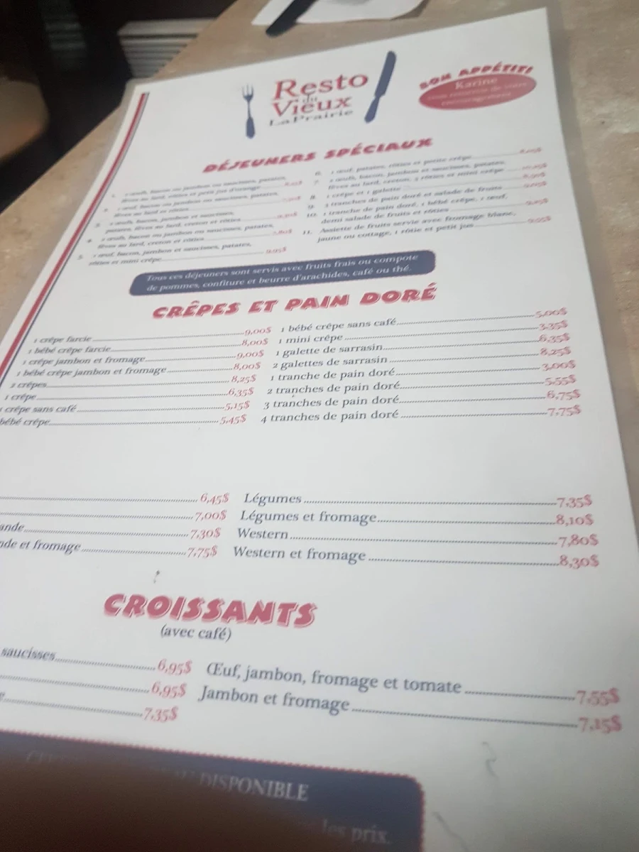 Menu, Resto du Vieux La Prairie