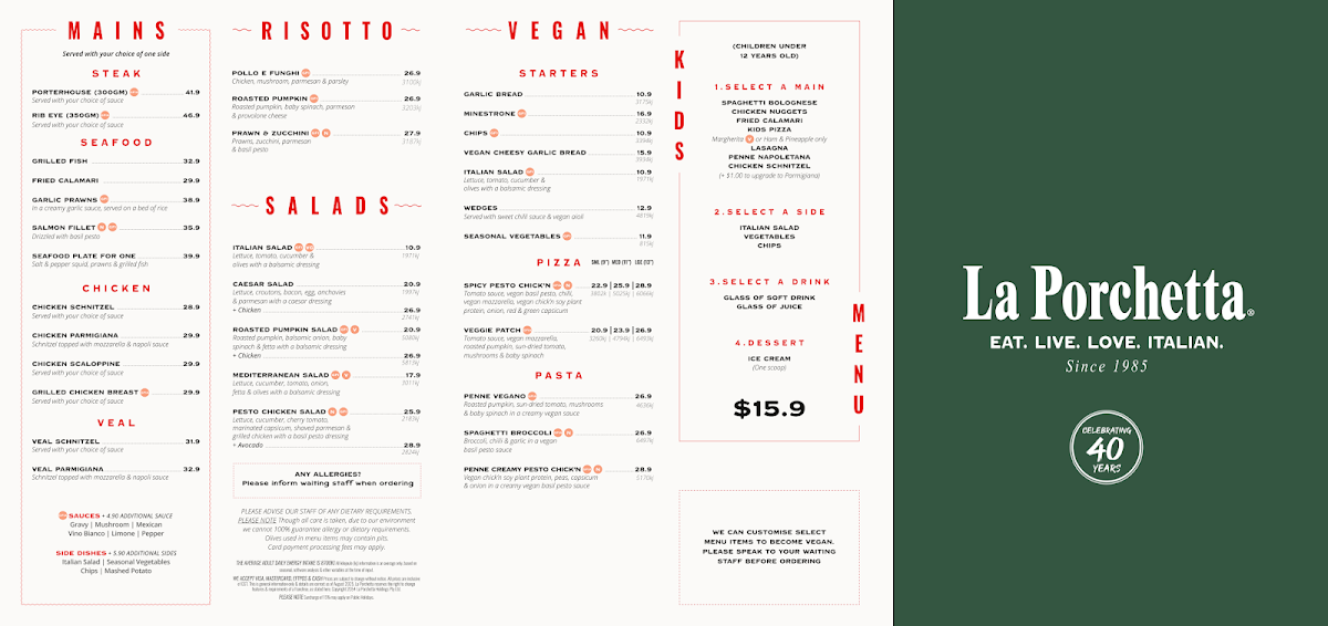Menu, La Porchetta | Best Italian Restaurant in Bendigo