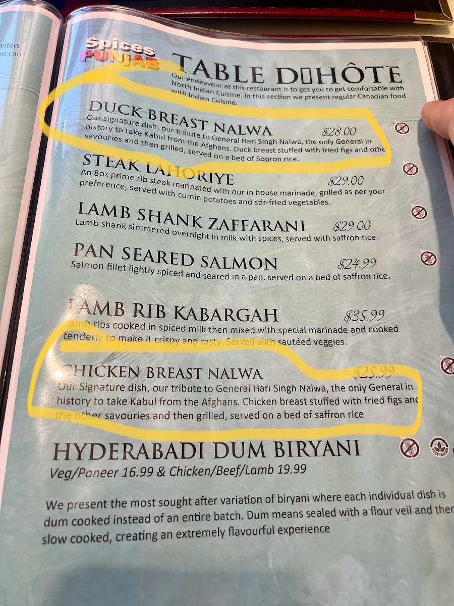 Menu, Spices Of Punjab