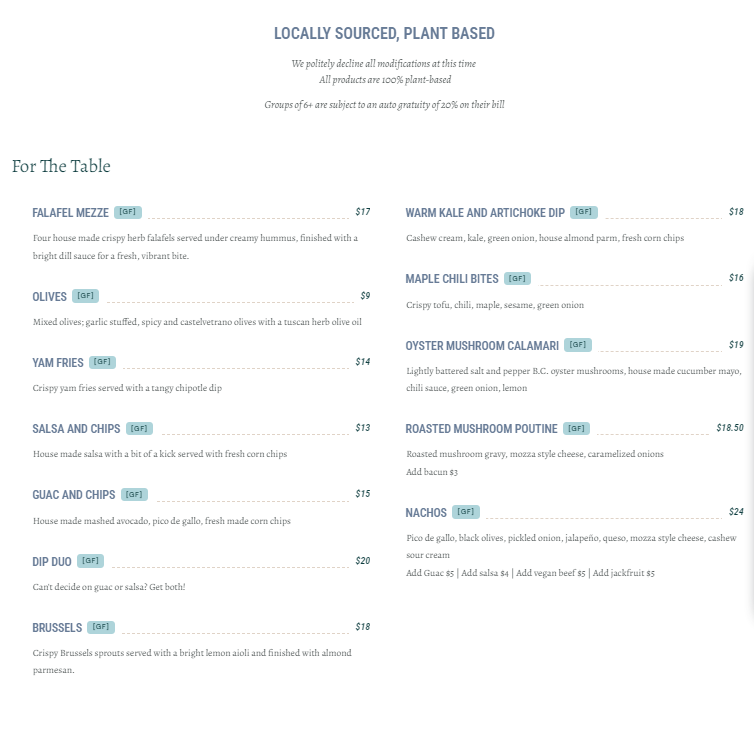 Menu, The Cider House