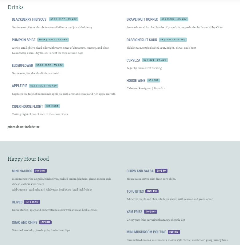 Menu, The Cider House