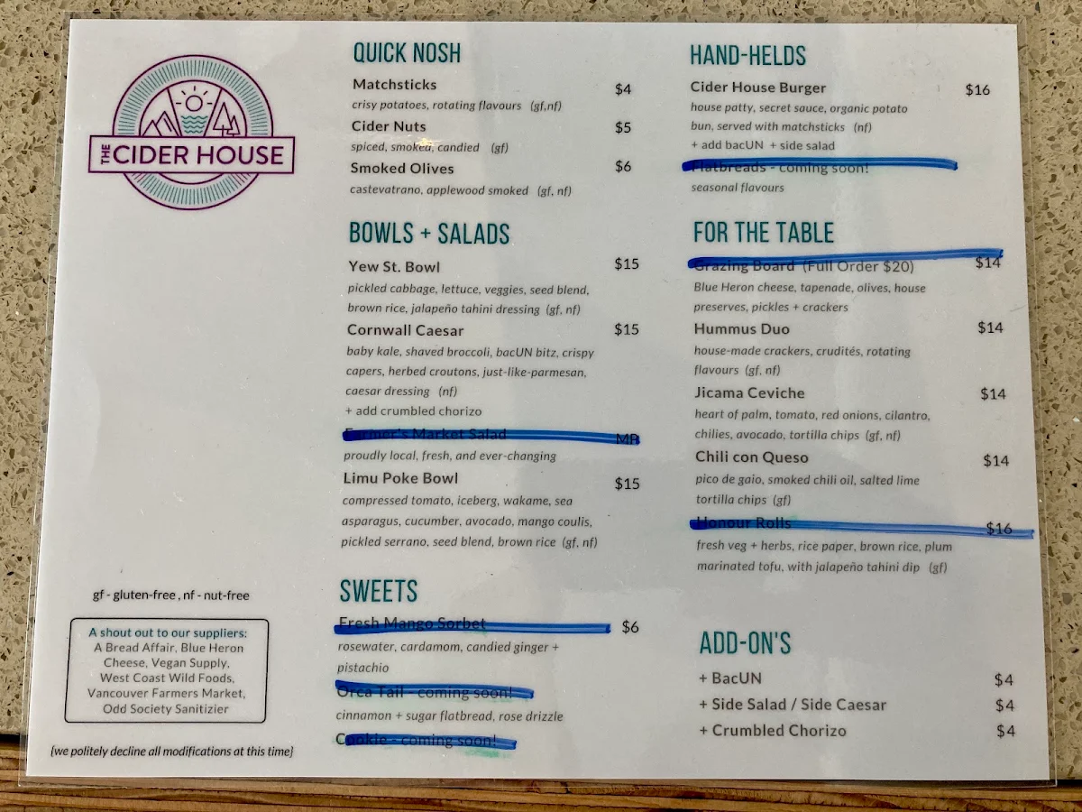Menu, The Cider House
