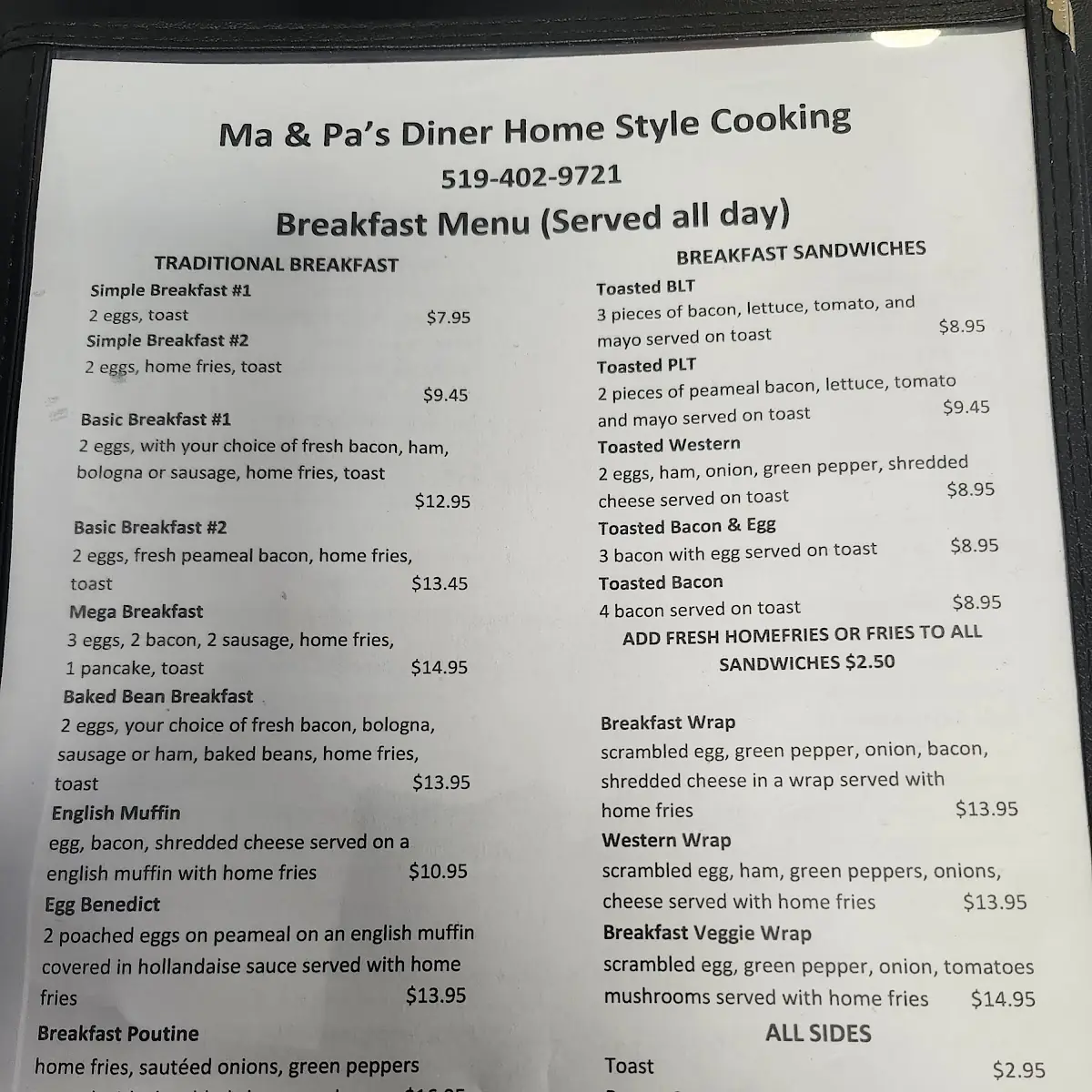 Menu, Ma & Pa's Bar & Grill