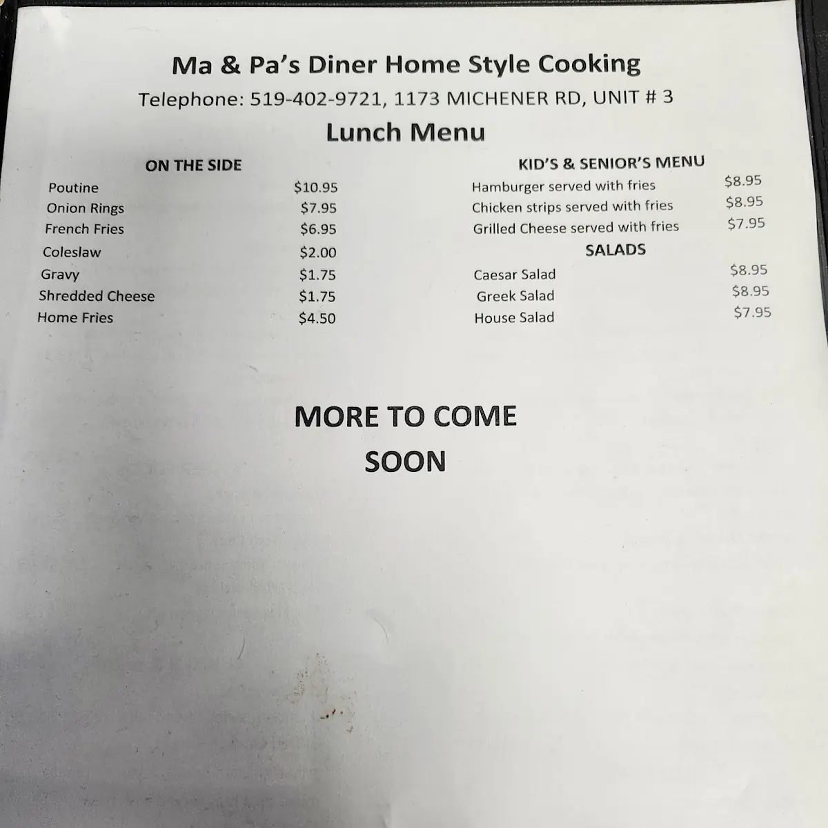 Menu, Ma & Pa's Bar & Grill