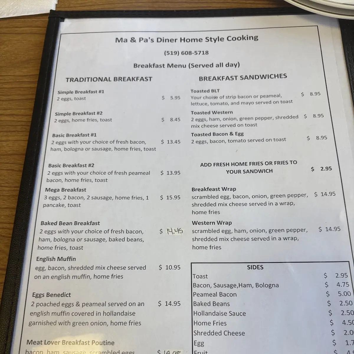 Menu, Ma & Pa's Bar & Grill