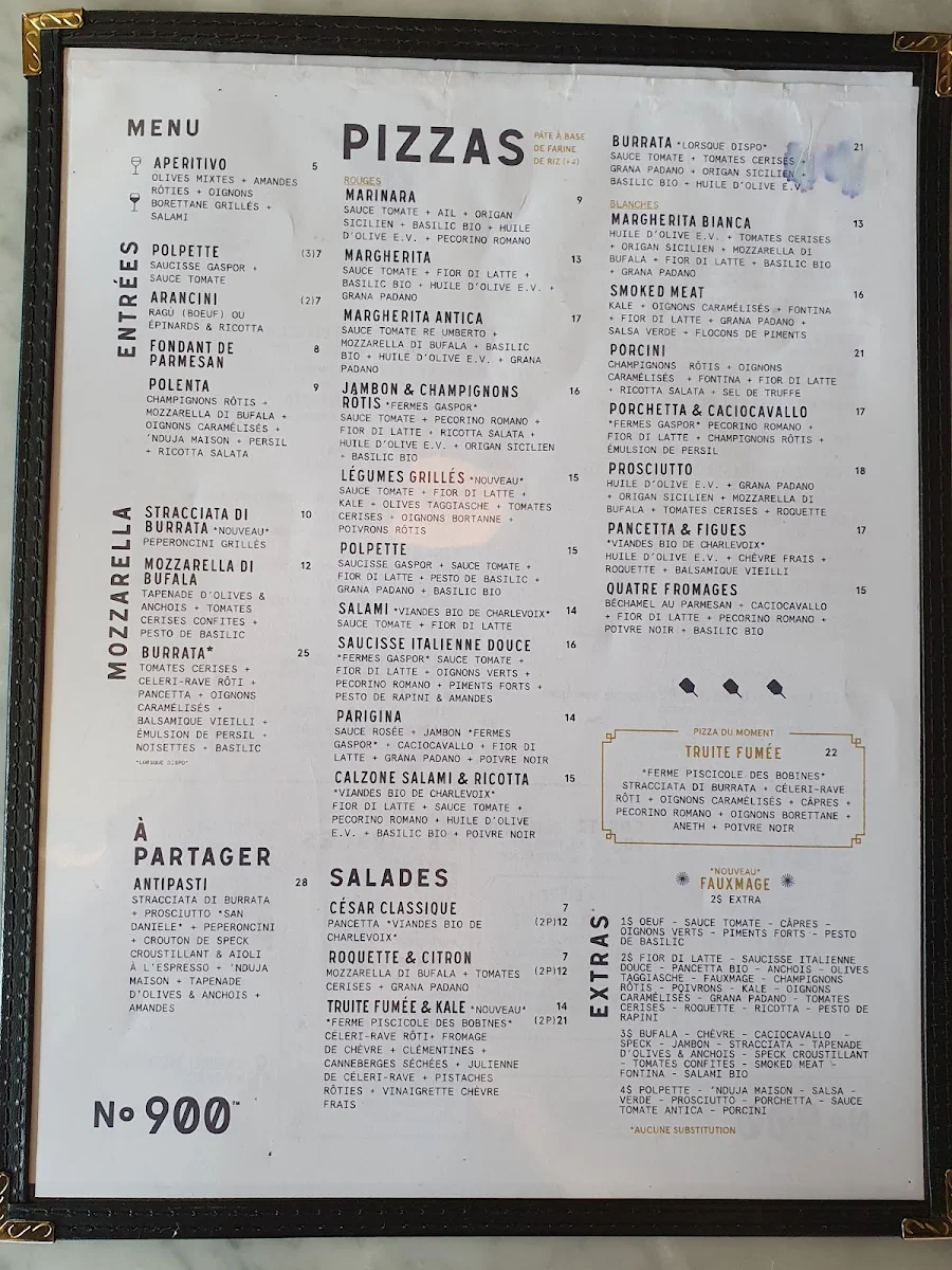 Menu, Pizzéria NO.900