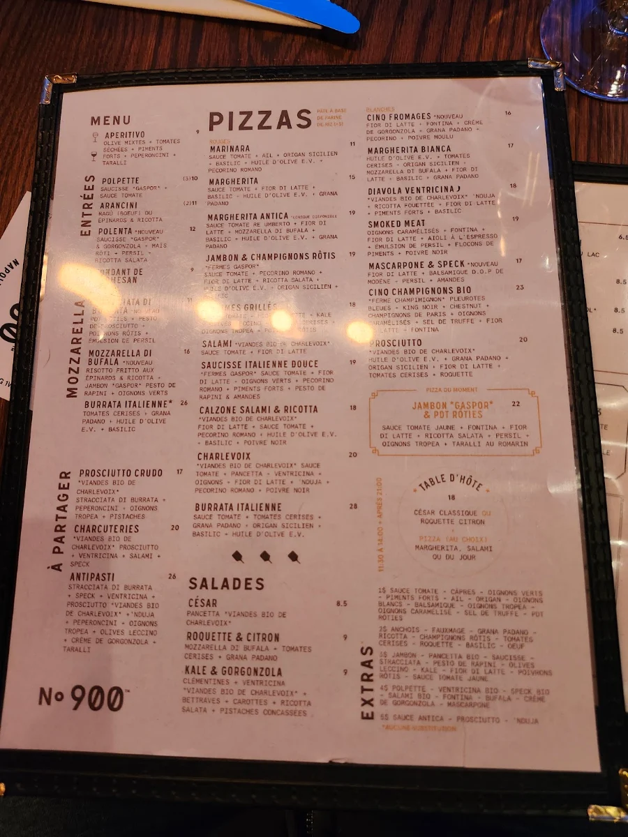 Menu, Pizzéria NO.900