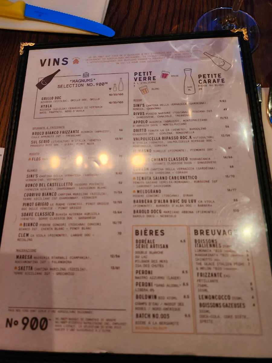 Menu, Pizzéria NO.900